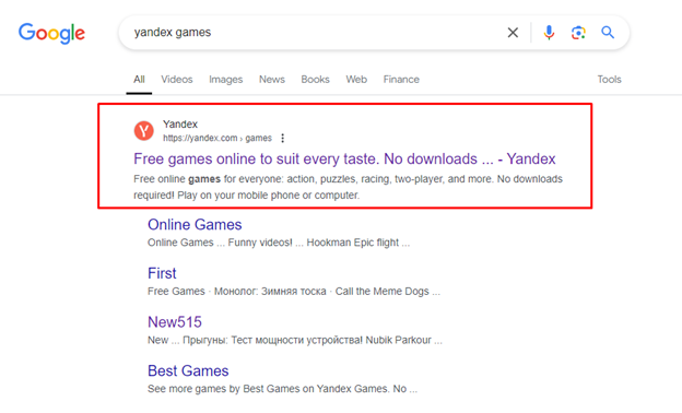 Google search for yandex