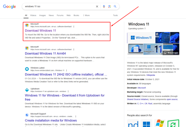 google search for Windows 11 ISO